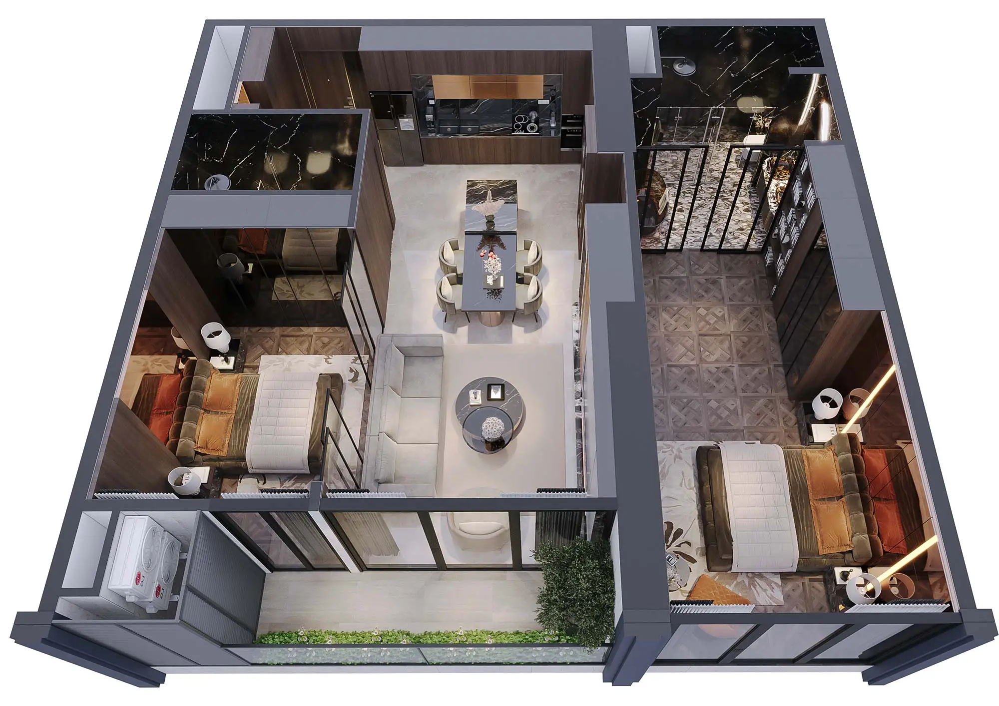 Layout căn hộ 2 ph&ograve;ng ngủ Noble Crystal T&acirc;y Hồ ti&ecirc;u chuẩn