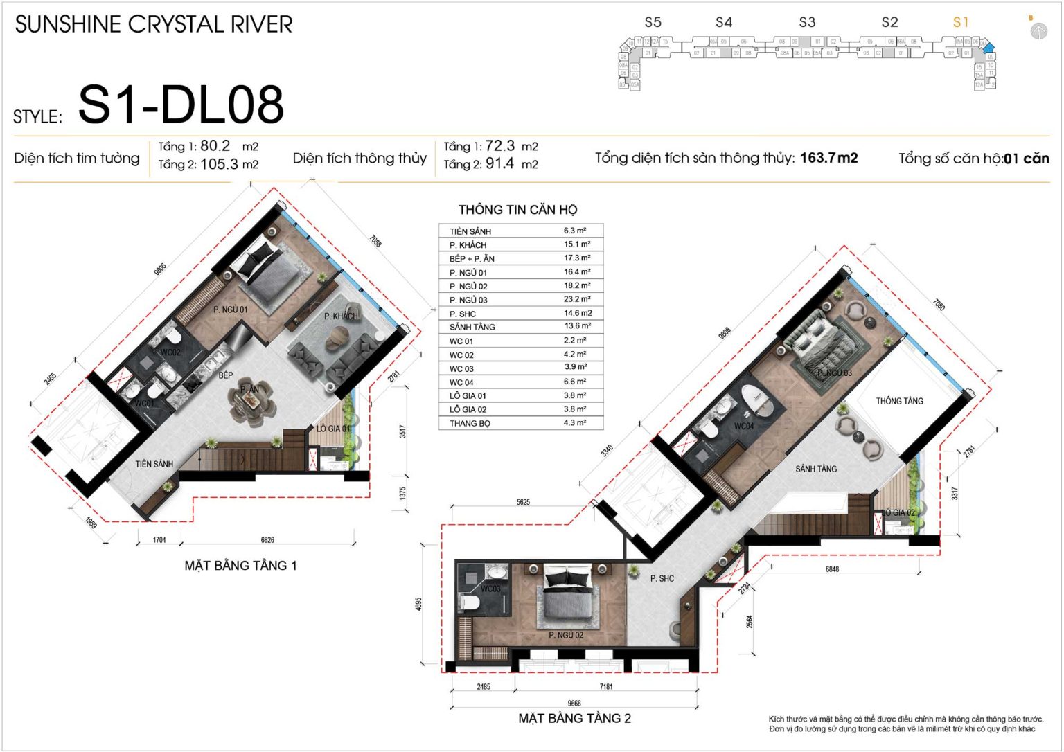 Mặt bằng kỹ thuật 2D Duplex 3PN m&atilde; DL08 tầng 37 - 38 t&ograve;a S1