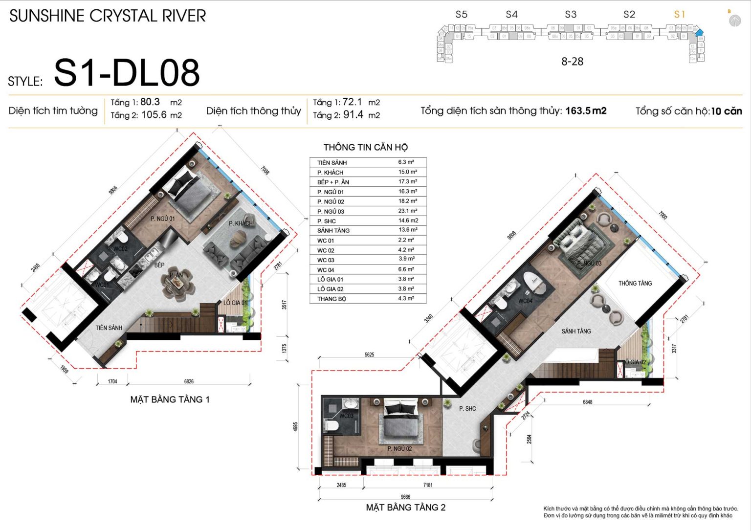 Mặt bằng kỹ thuật 2D Duplex 3PN m&atilde; DL08 t&ograve;a S1