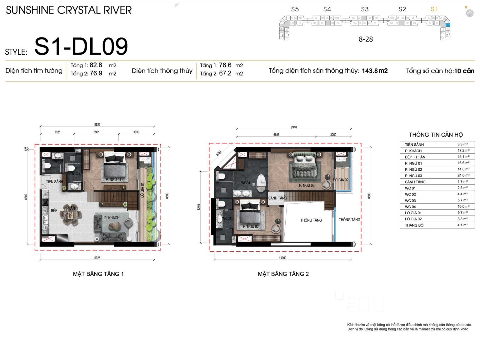 Mặt bằng kỹ thuật 2D Duplex 3PN m&atilde; DL09 t&ograve;a S1