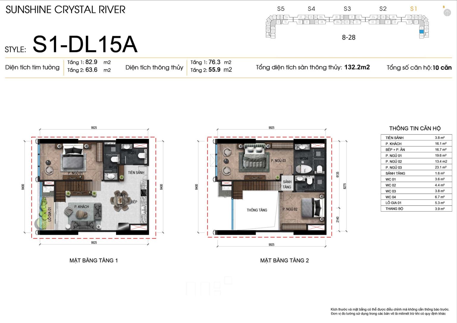 Mặt bằng kỹ thuật 2D Duplex 3PN m&atilde; DL15A t&ograve;a S1