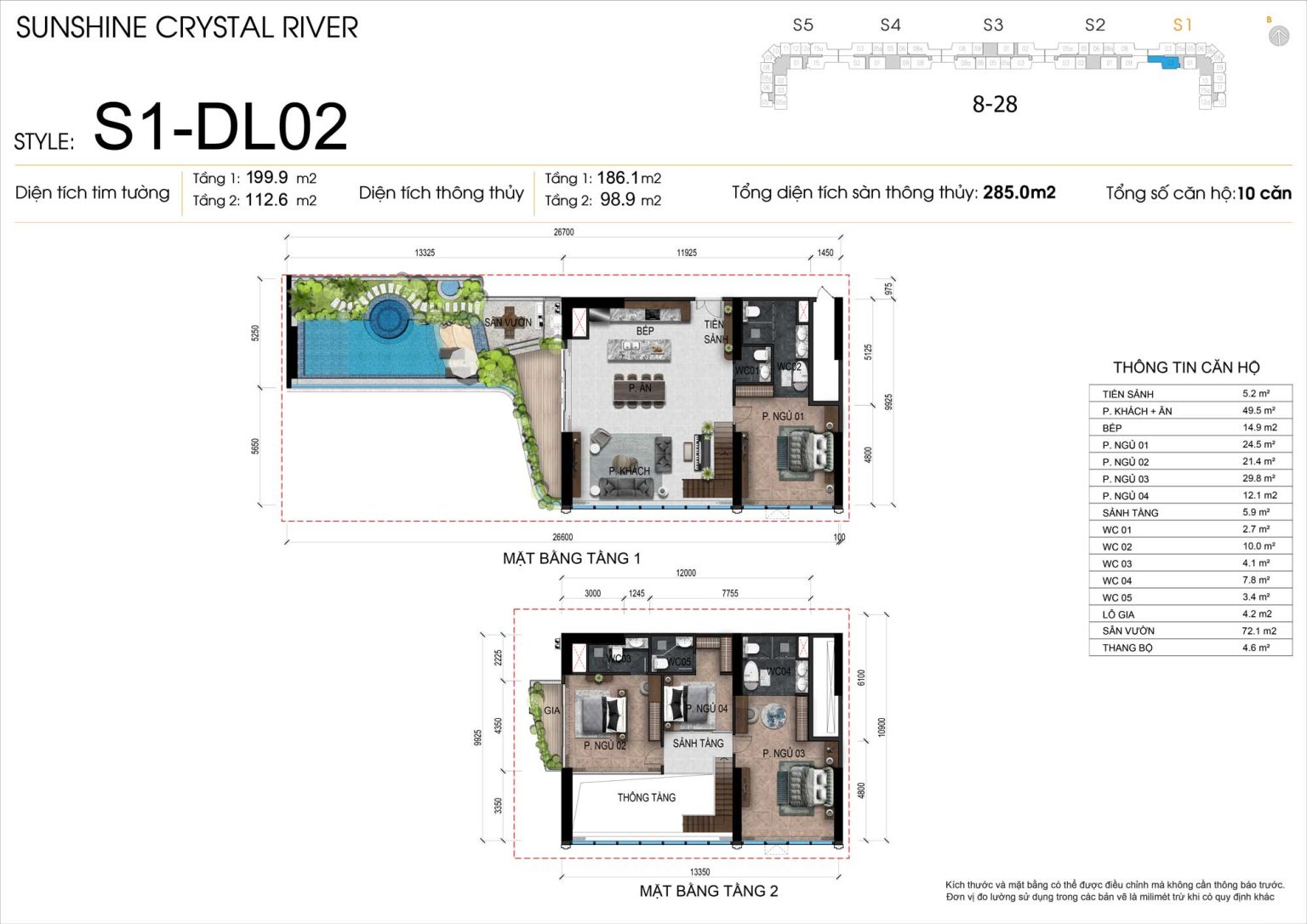 Mặt bằng kỹ thuật 2D Duplex 4PN c&oacute; bể bơi m&atilde; DL02 t&ograve;a S1