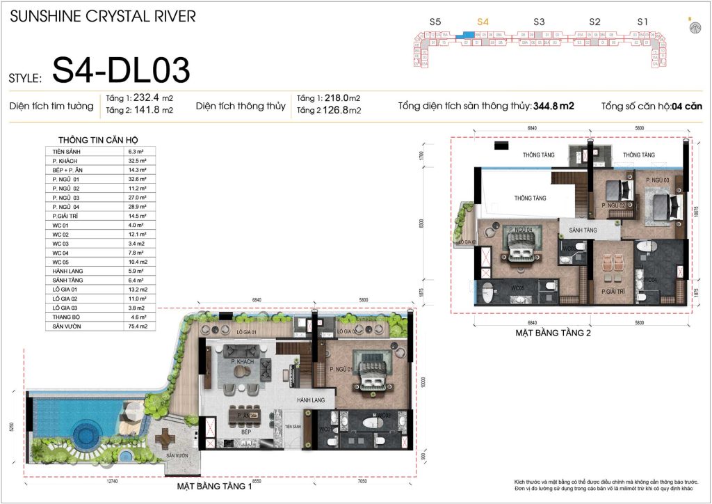 Mặt bằng kỹ thuật 2D căn hộ Duplex 4PN m&atilde; DL03 t&ograve;a S4 c&oacute; bể bơi tầng 29 đến 36