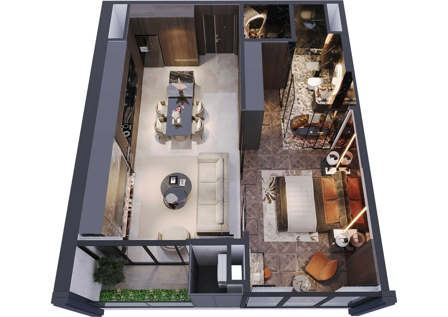 Phối cảnh b&oacute;c m&aacute;i 3D căn hộ 1PN m&atilde; CH15 t&ograve;a S1