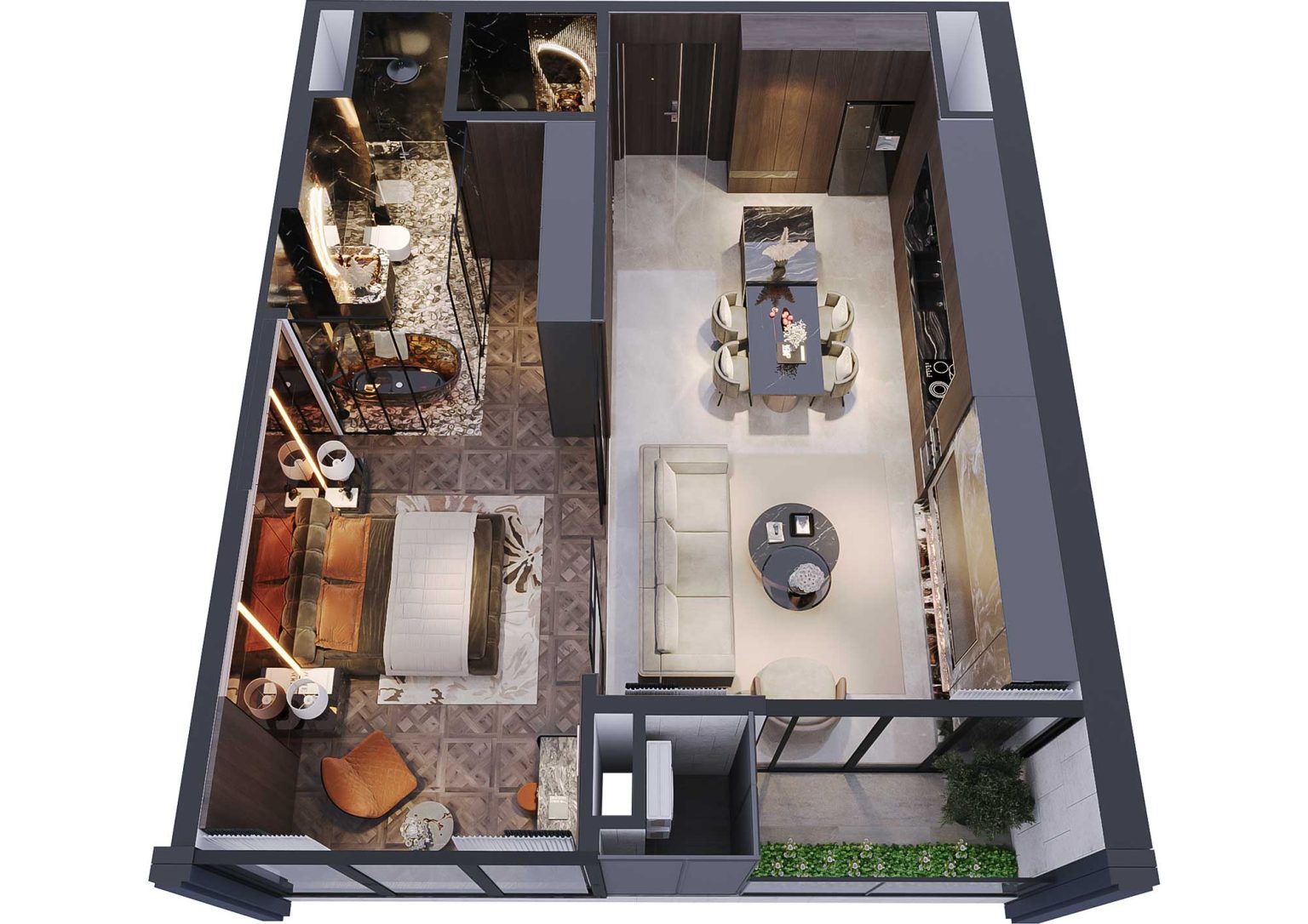 Phối cảnh b&oacute;c m&aacute;i 3D căn hộ 1PN m&atilde; CH15A t&ograve;a S1