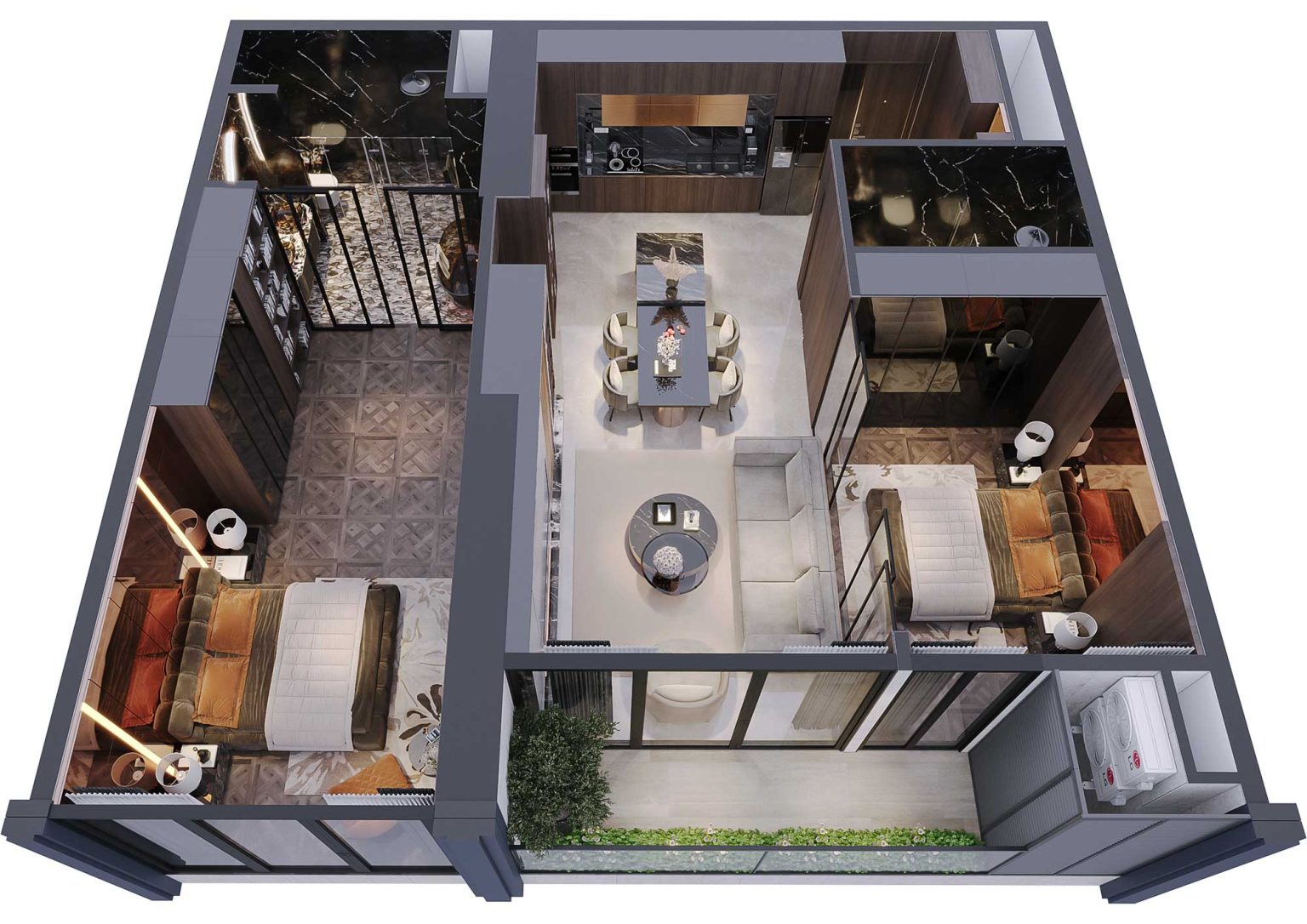 Phối cảnh b&oacute;c m&aacute;i 3D căn hộ 2PN m&atilde; CH01 t&ograve;a S1