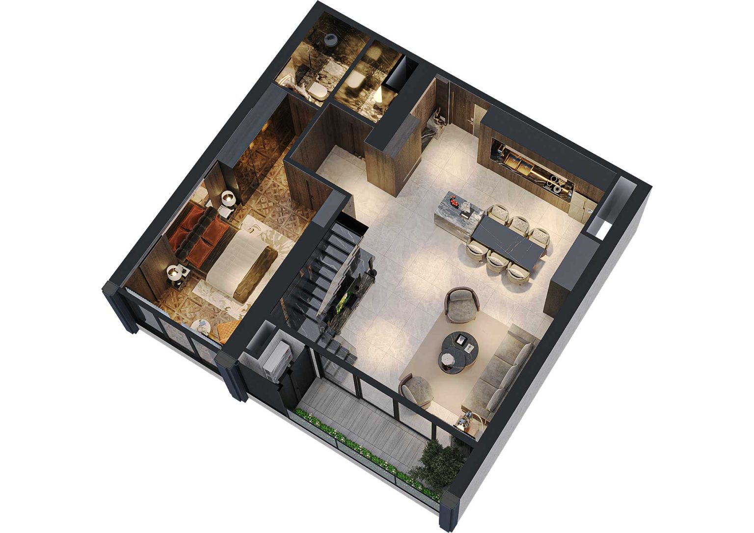 Phối cảnh b&oacute;c m&aacute;i 3D tầng 1 duplex 3PN m&atilde; DL01 tầng 29 - 36 t&ograve;a S1