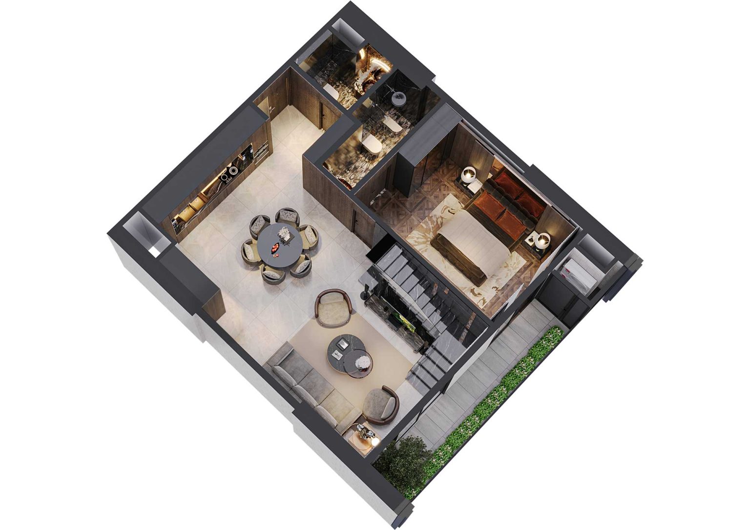 Phối cảnh b&oacute;c m&aacute;i 3D tầng 1 duplex 3PN m&atilde; DL05 tầng 29 - 36 t&ograve;a S1