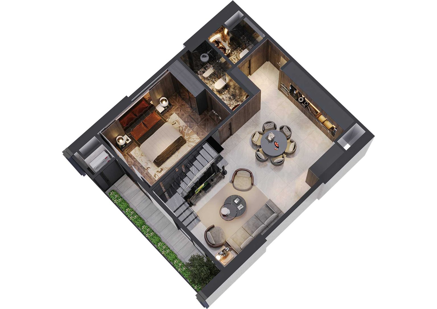 Phối cảnh b&oacute;c m&aacute;i 3D tầng 1 duplex 3PN m&atilde; DL05A t&ograve;a S1
