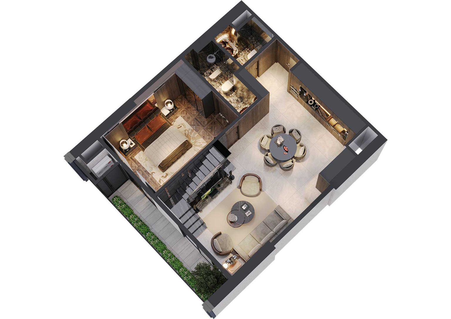 Phối cảnh b&oacute;c m&aacute;i 3D tầng 1 duplex 3PN m&atilde; DL06 tầng 37 - 38 t&ograve;a S1