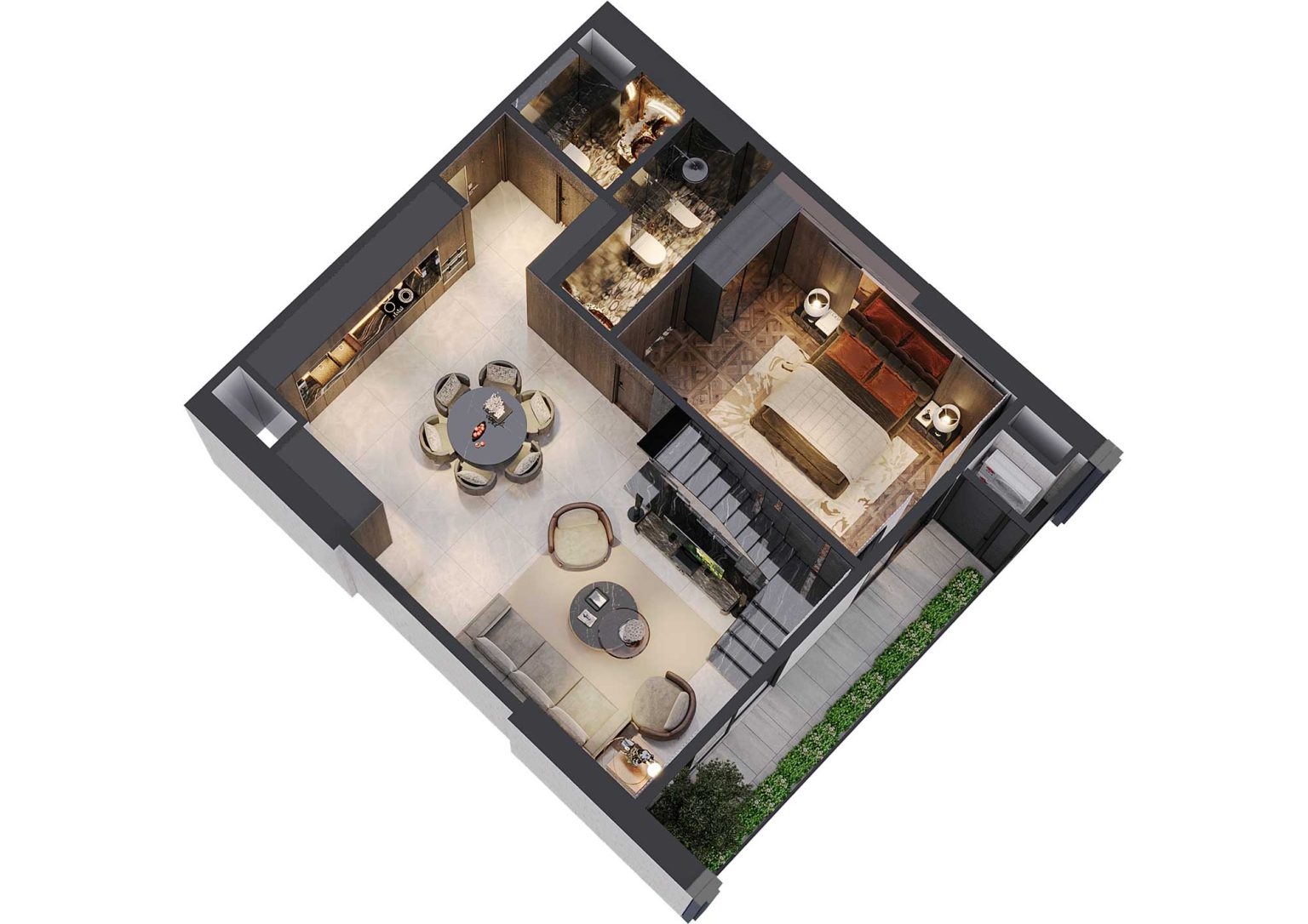 Phối cảnh b&oacute;c m&aacute;i 3D tầng 1 duplex 3PN m&atilde; DL09 tầng 29 - 36 t&ograve;a S1