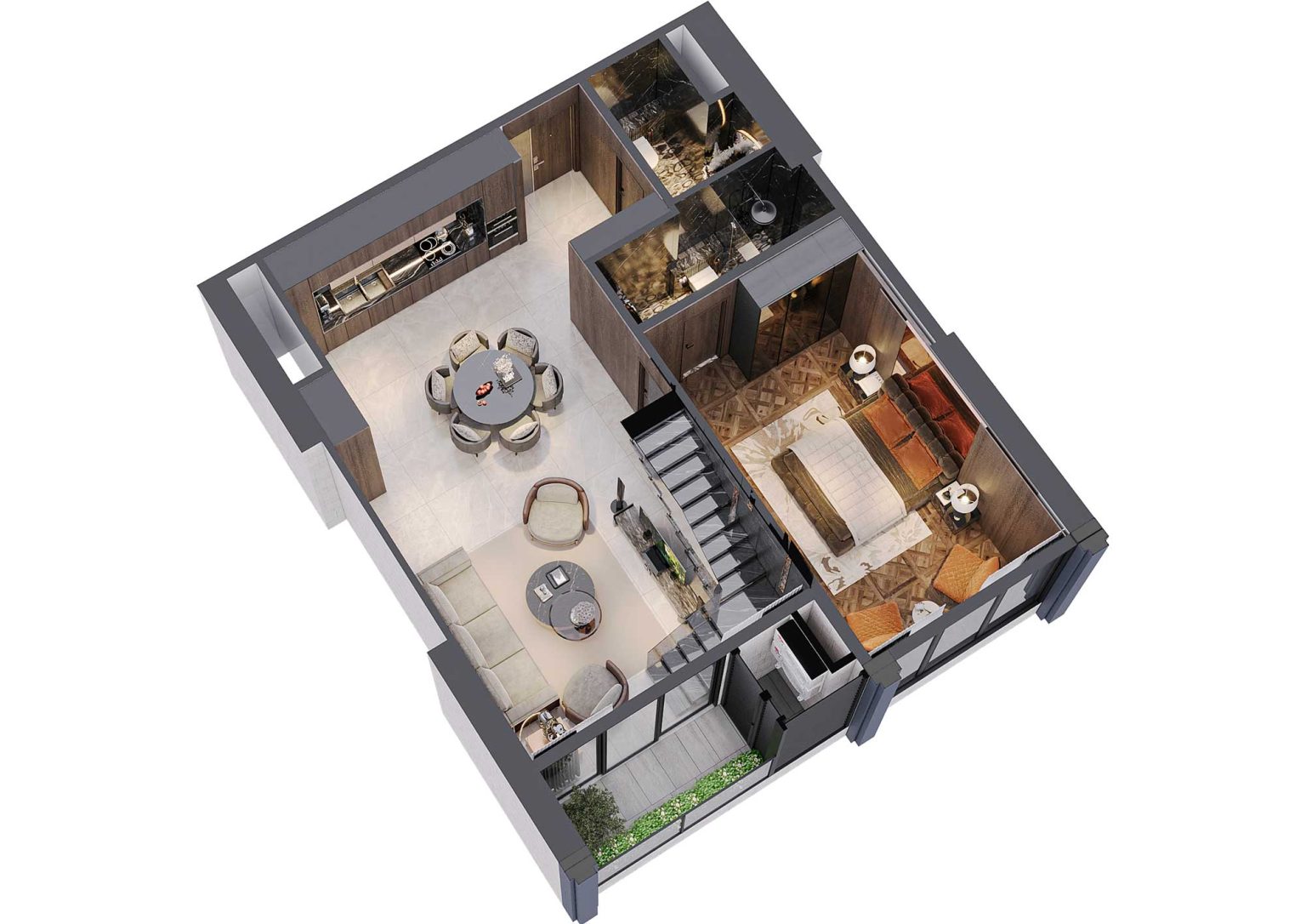 Phối cảnh b&oacute;c m&aacute;i 3D tầng 1 duplex 3PN m&atilde; DL15 tầng 37 - 38 t&ograve;a S1