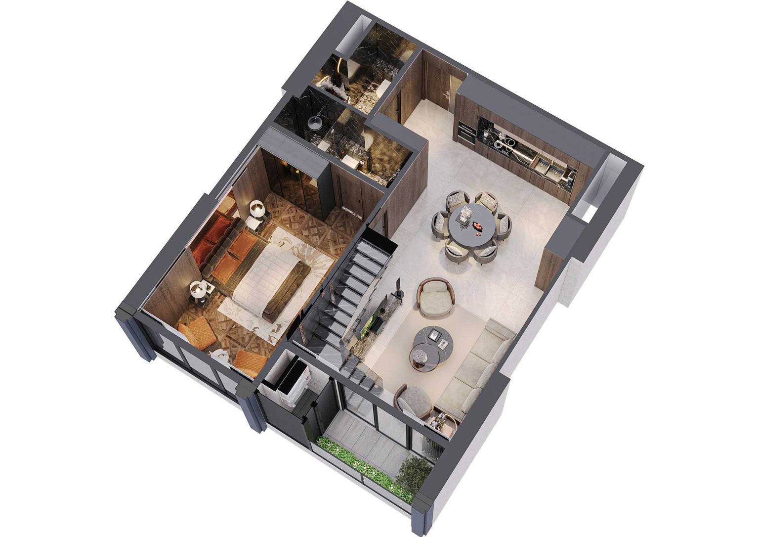 Phối cảnh b&oacute;c m&aacute;i 3D tầng 1 duplex 3PN m&atilde; DL15A tầng 37 - 38 t&ograve;a S1