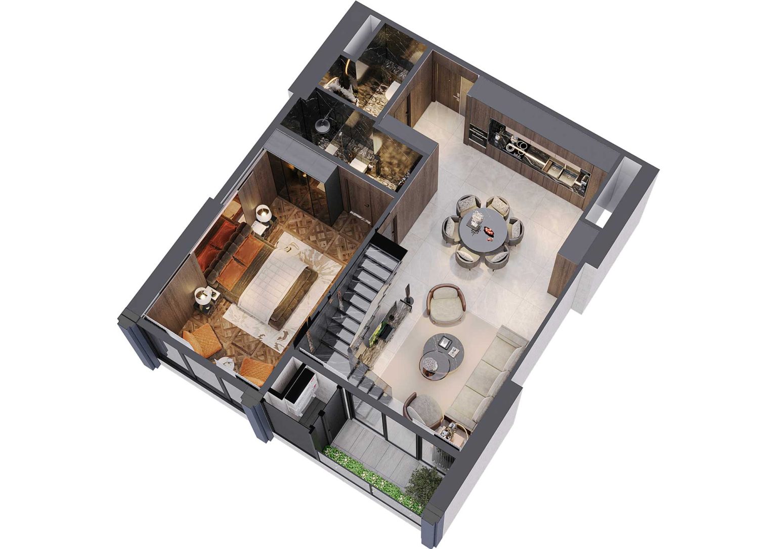 Phối cảnh b&oacute;c m&aacute;i 3D tầng 1 duplex 3PN m&atilde; DL15A t&ograve;a S1