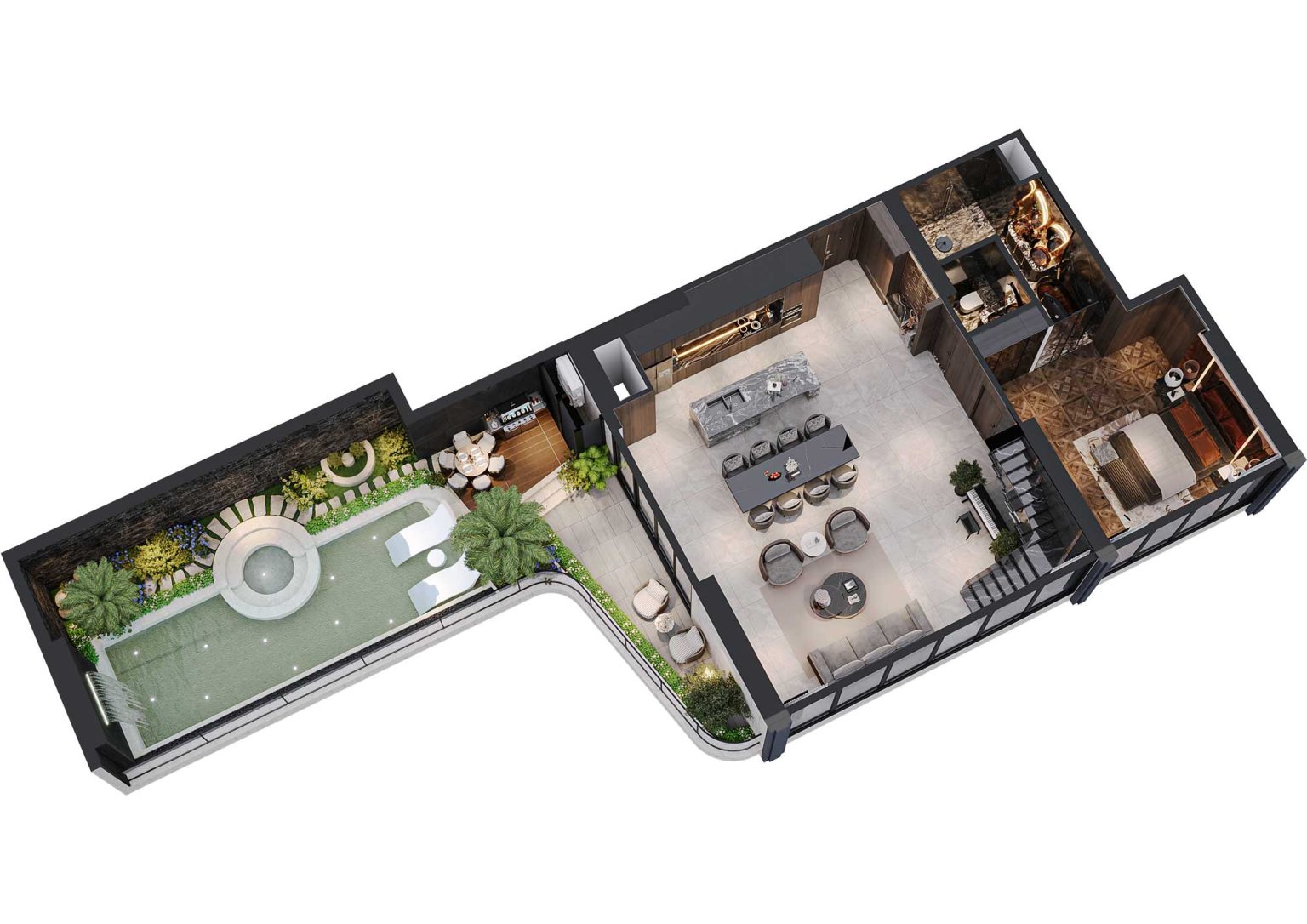 Phối cảnh b&oacute;c m&aacute;i 3D tầng 1 duplex 4PN c&oacute; bể bơi m&atilde; DL02 tầng 29 - 36 t&ograve;a S1
