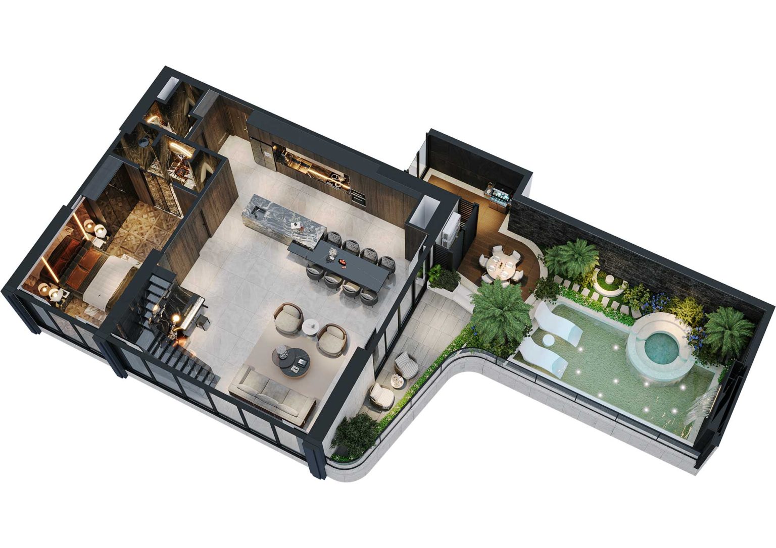 Phối cảnh b&oacute;c m&aacute;i 3D tầng 1 duplex 4PN c&oacute; bể bơi m&atilde; DL03 tầng 29 - 36 t&ograve;a S1