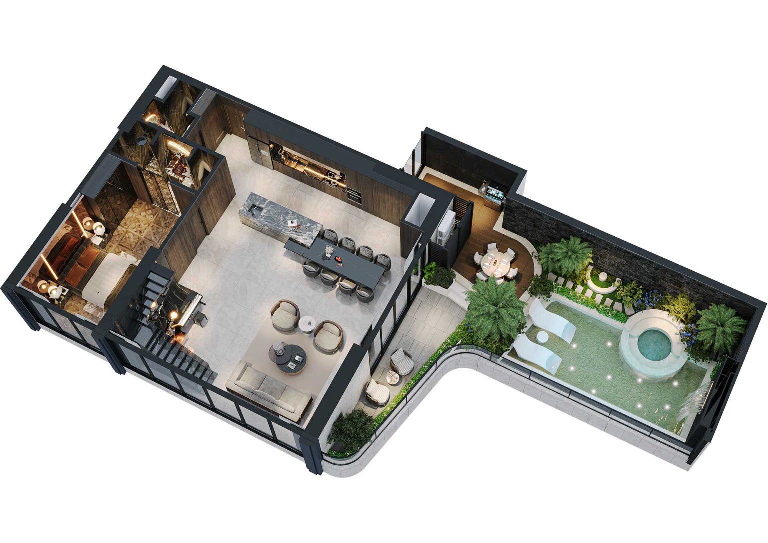 Phối cảnh b&oacute;c m&aacute;i 3D tầng 1 duplex 4PN c&oacute; bể bơi m&atilde; DL03 t&ograve;a S1