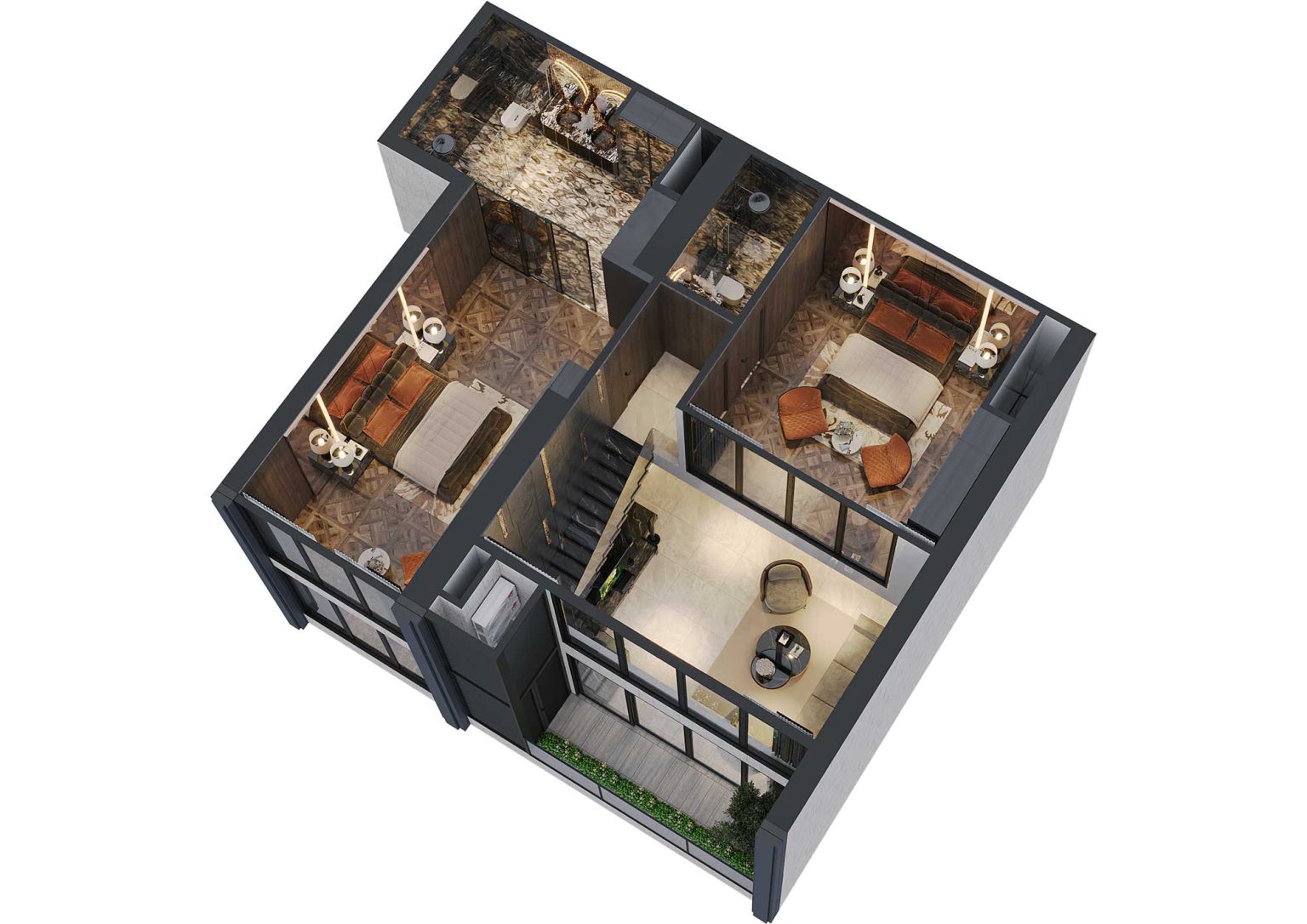 Phối cảnh b&oacute;c m&aacute;i 3D tầng 2 duplex 3PN m&atilde; DL01 tầng 29 - 36 t&ograve;a S1