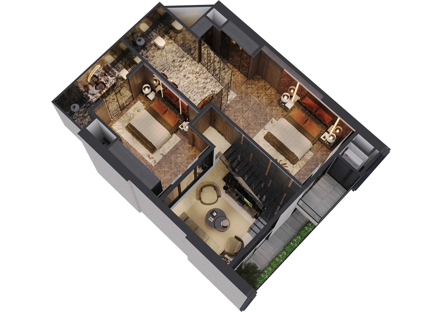 Phối cảnh b&oacute;c m&aacute;i 3D tầng 2 duplex 3PN m&atilde; DL09 tầng 37 - 38 t&ograve;a S1