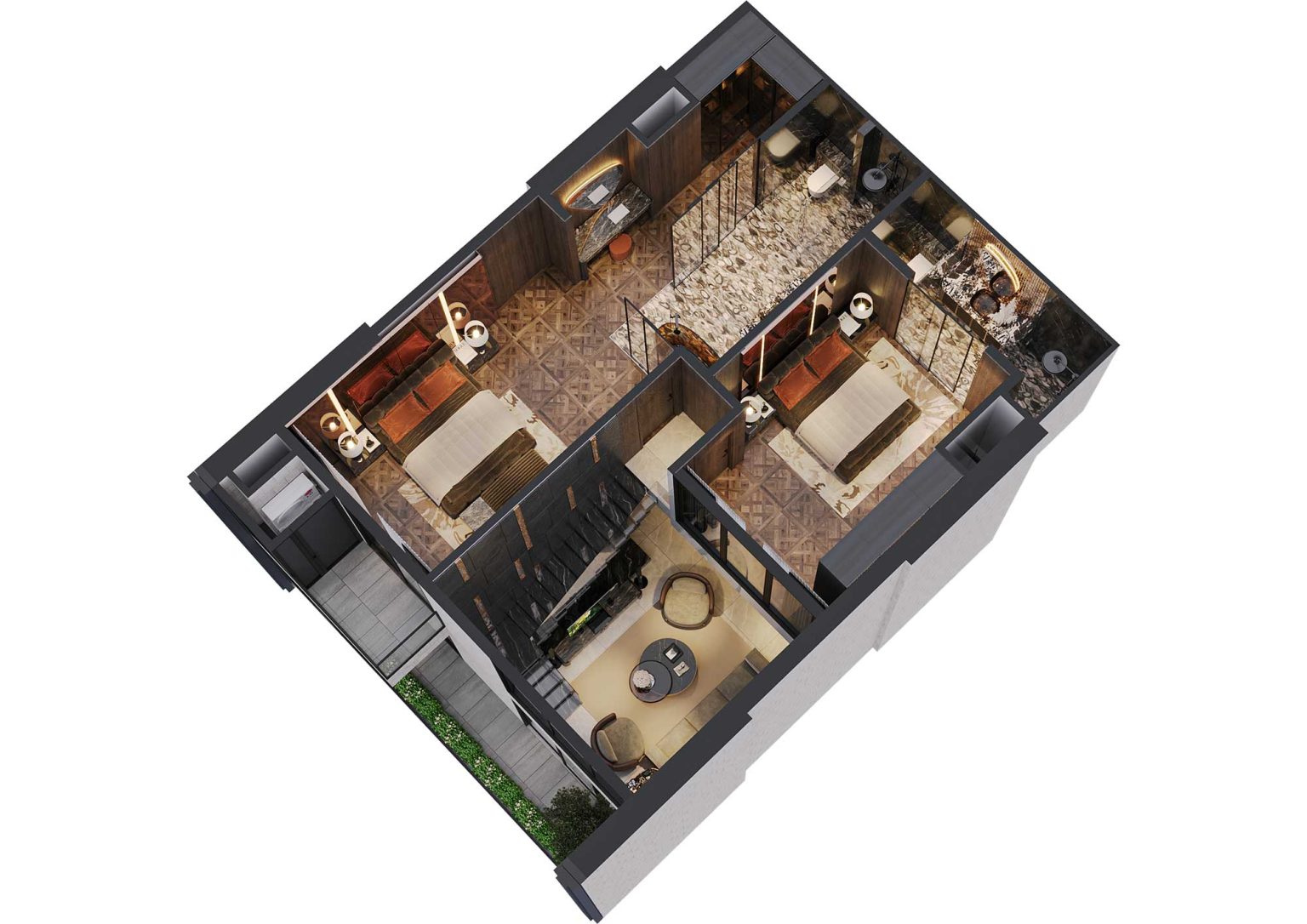 Phối cảnh b&oacute;c m&aacute;i 3D tầng 2 duplex 3PN m&atilde; DL10 tầng 29 - 36 t&ograve;a S1