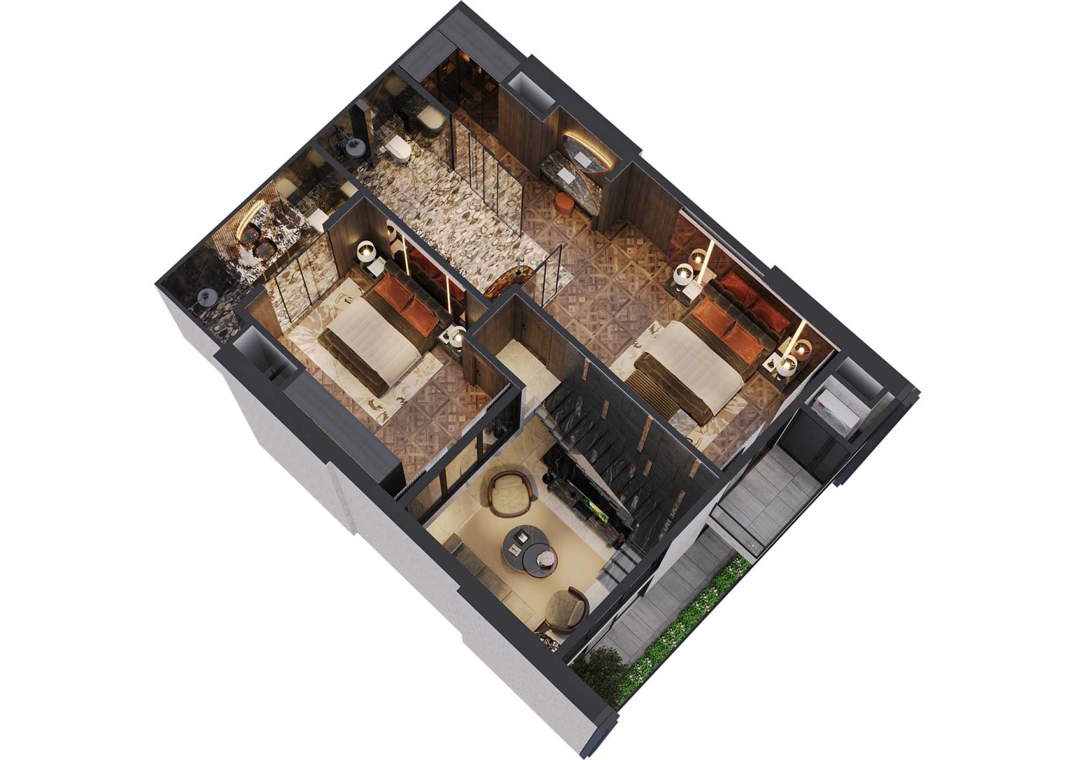 Phối cảnh b&oacute;c m&aacute;i 3D tầng 2 duplex 3PN m&atilde; DL11 tầng 37 - 38 t&ograve;a S1