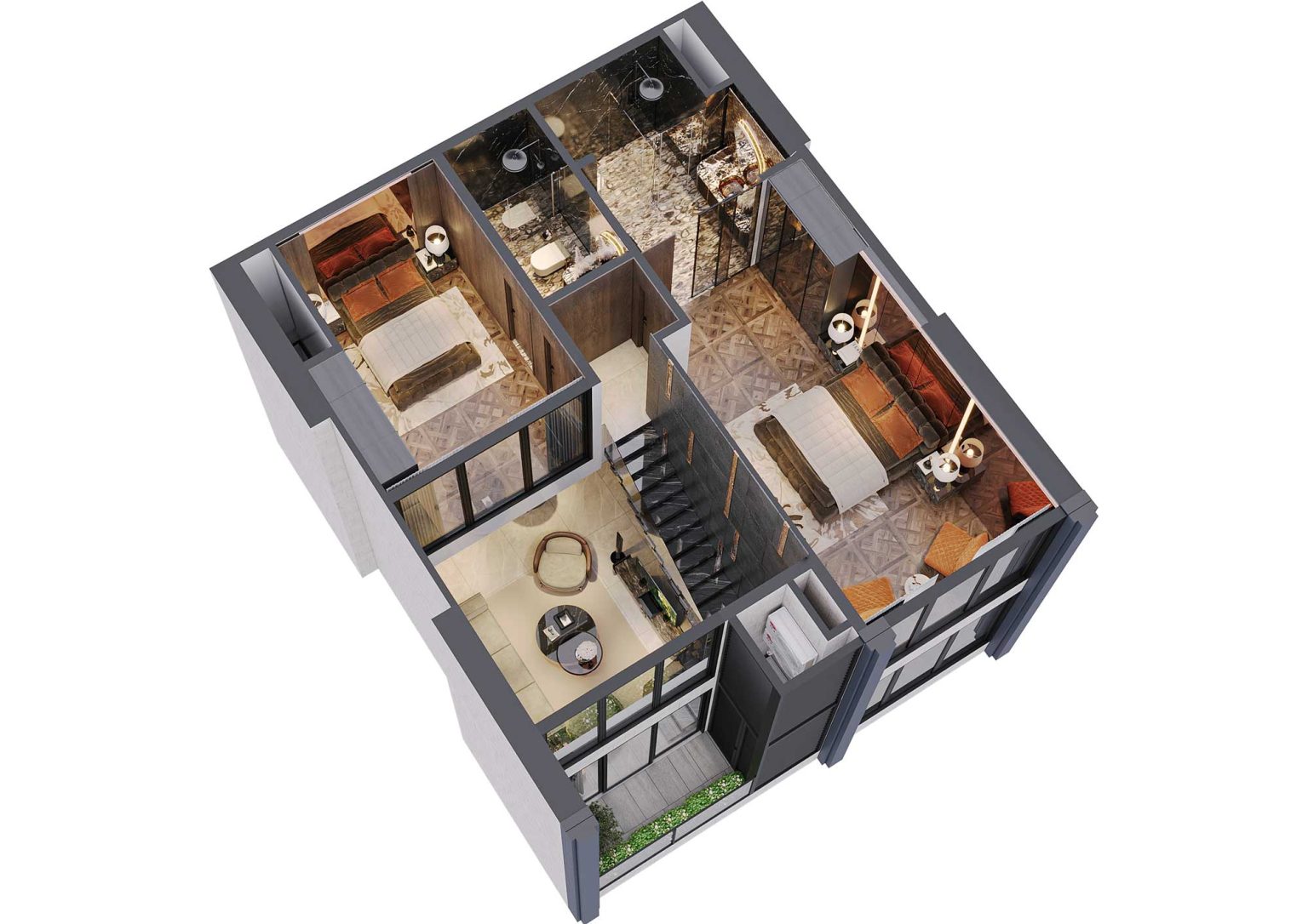 Phối cảnh b&oacute;c m&aacute;i 3D tầng 2 duplex 3PN m&atilde; DL15 tầng 29 - 36 t&ograve;a S1
