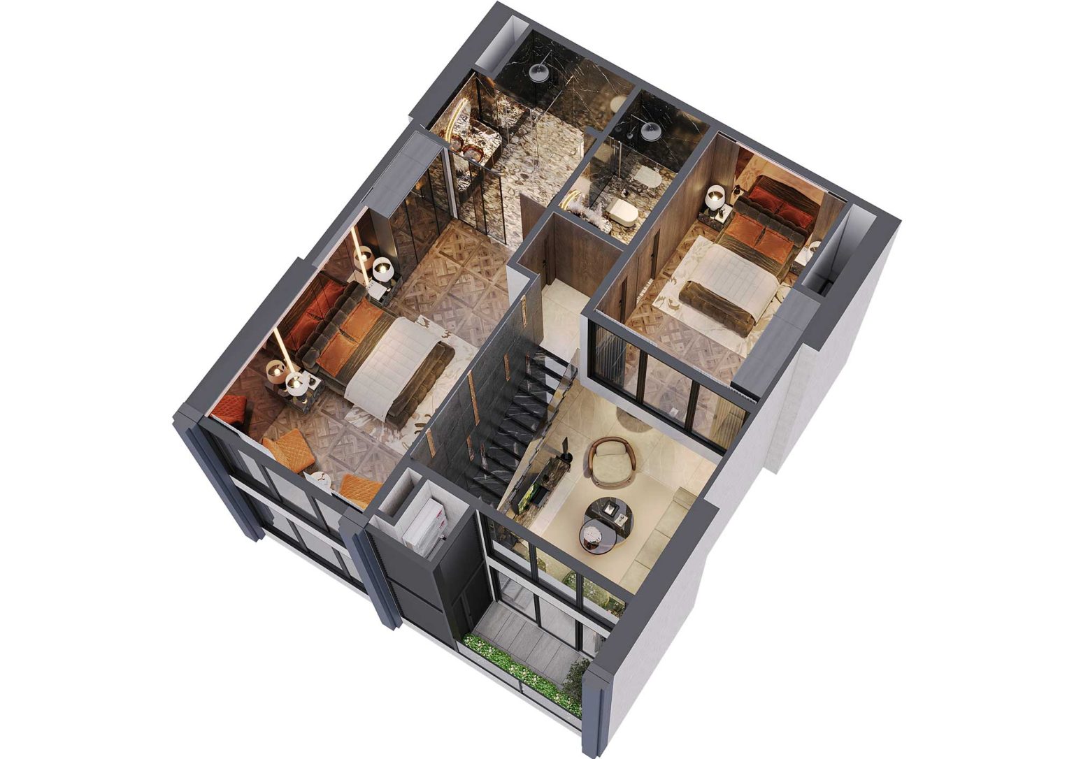 Phối cảnh b&oacute;c m&aacute;i 3D tầng 2 duplex 3PN m&atilde; DL15A tầng 37 - 38 t&ograve;a S1