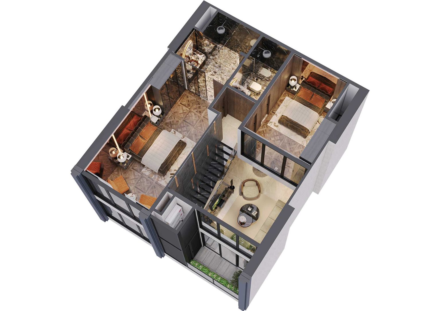 Phối cảnh b&oacute;c m&aacute;i 3D tầng 2 duplex 3PN m&atilde; DL15A t&ograve;a S1
