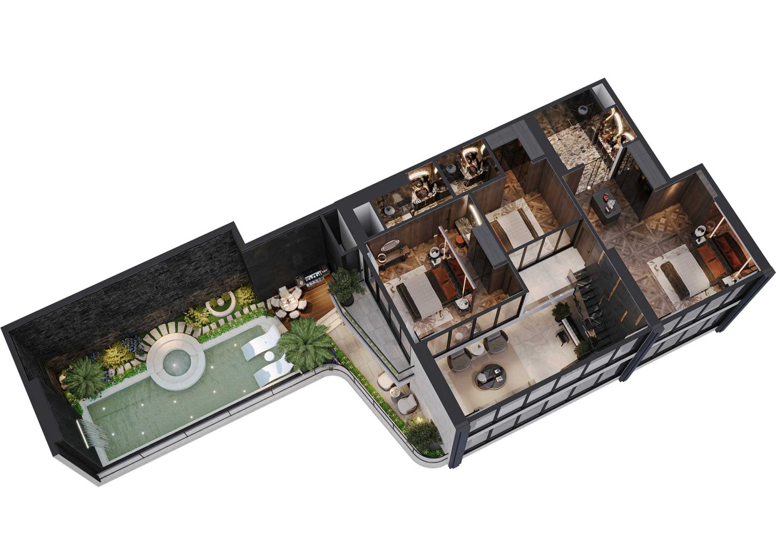 Phối cảnh b&oacute;c m&aacute;i 3D tầng 2 duplex 4PN c&oacute; bể bơi m&atilde; DL02 tầng 29 - 36 t&ograve;a S1