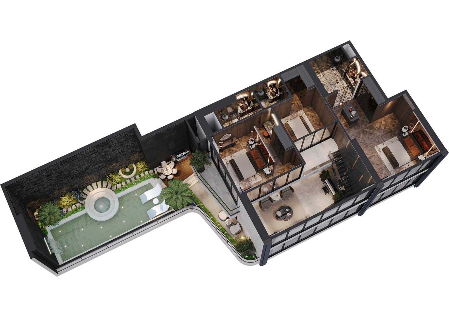 Phối cảnh b&oacute;c m&aacute;i 3D tầng 2 duplex 4PN c&oacute; bể bơi m&atilde; DL02 t&ograve;a S1