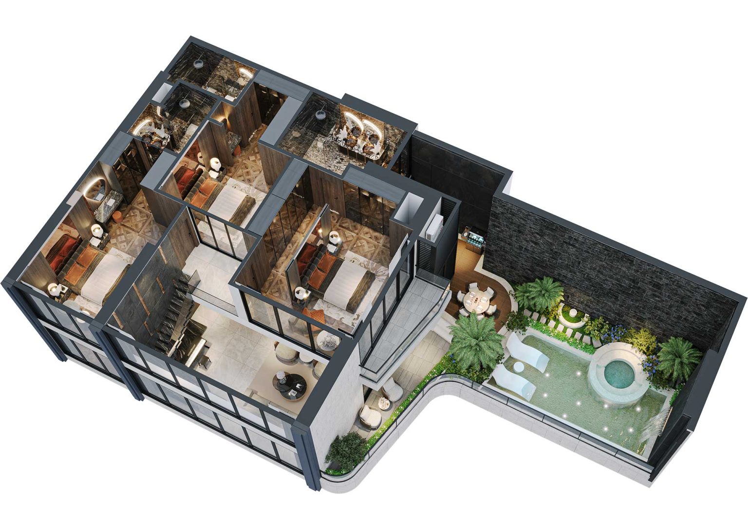 Phối cảnh b&oacute;c m&aacute;i 3D tầng 2 duplex 4PN c&oacute; bể bơi m&atilde; DL03 tầng 29 - 36 t&ograve;a S1